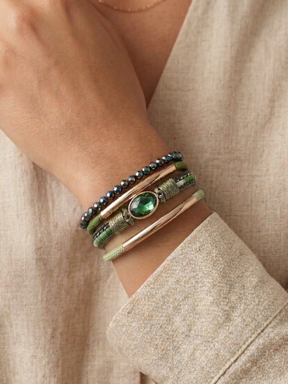 NEW Green Multi-Row Gem & Bead Bracelet Stack Magnetic Clasp Green & Gold Tone - Picture 1 of 3